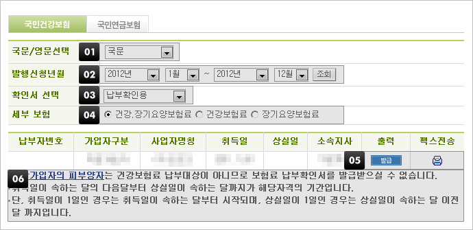 국민건강보험 보험료 납부확인서에서 발행신청년월·발급용도·세부보험·출력 방식을 선택하는 공식 화면